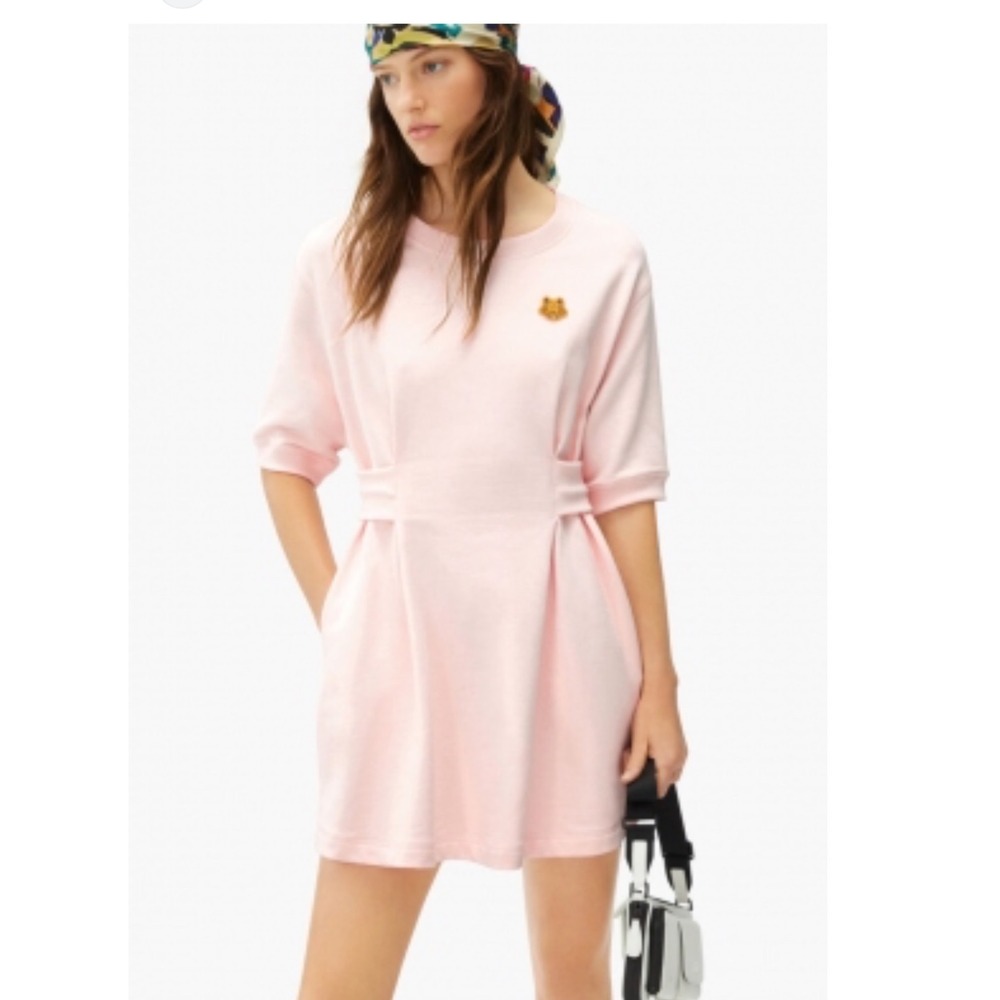 KENZO Pink Cotton Tiger Embroidered Sweatshirt Dress Short Sleeve Casual Size S‎